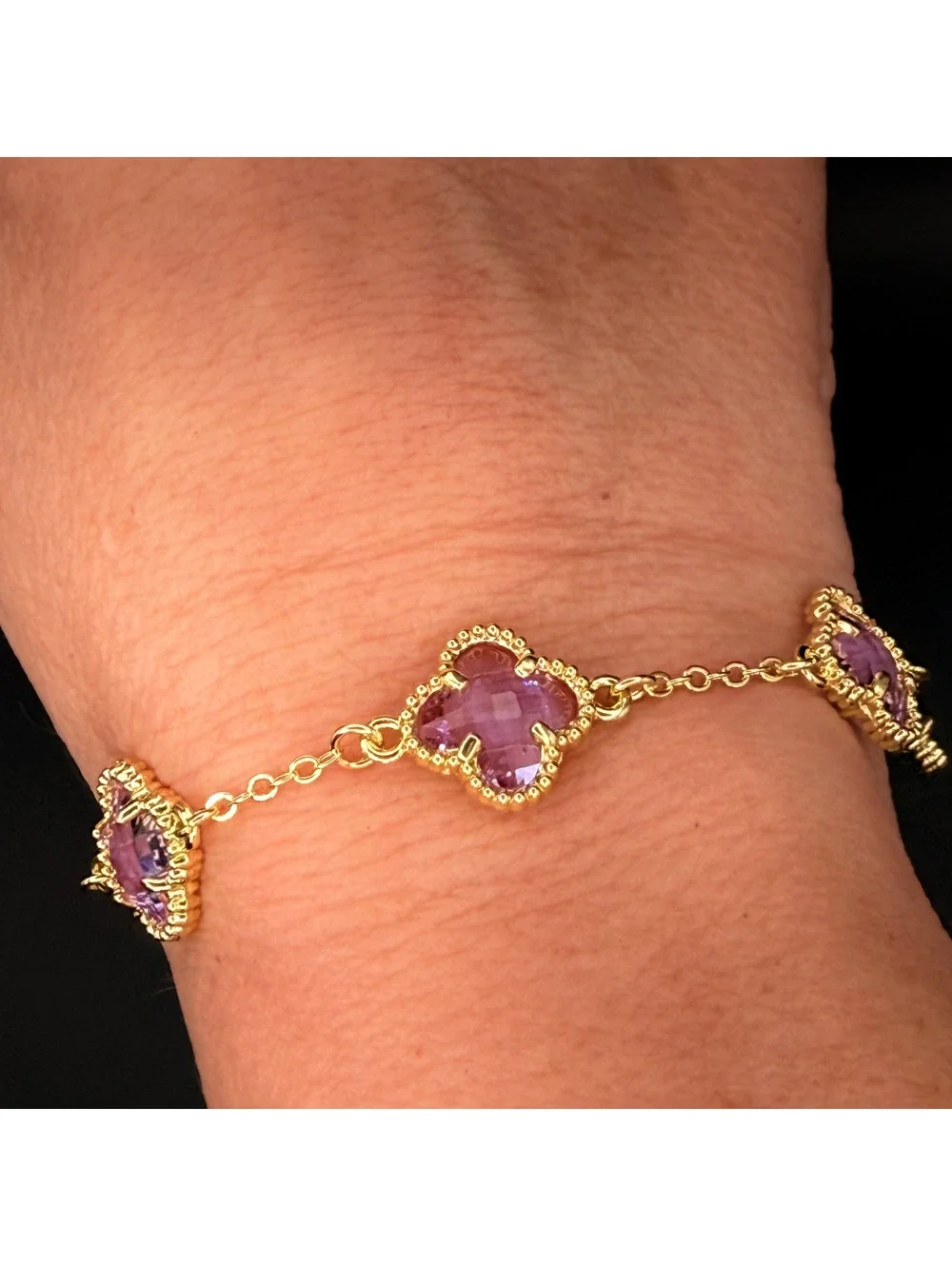 candy+clover lilac amethyst clover gold tone station bracelet
